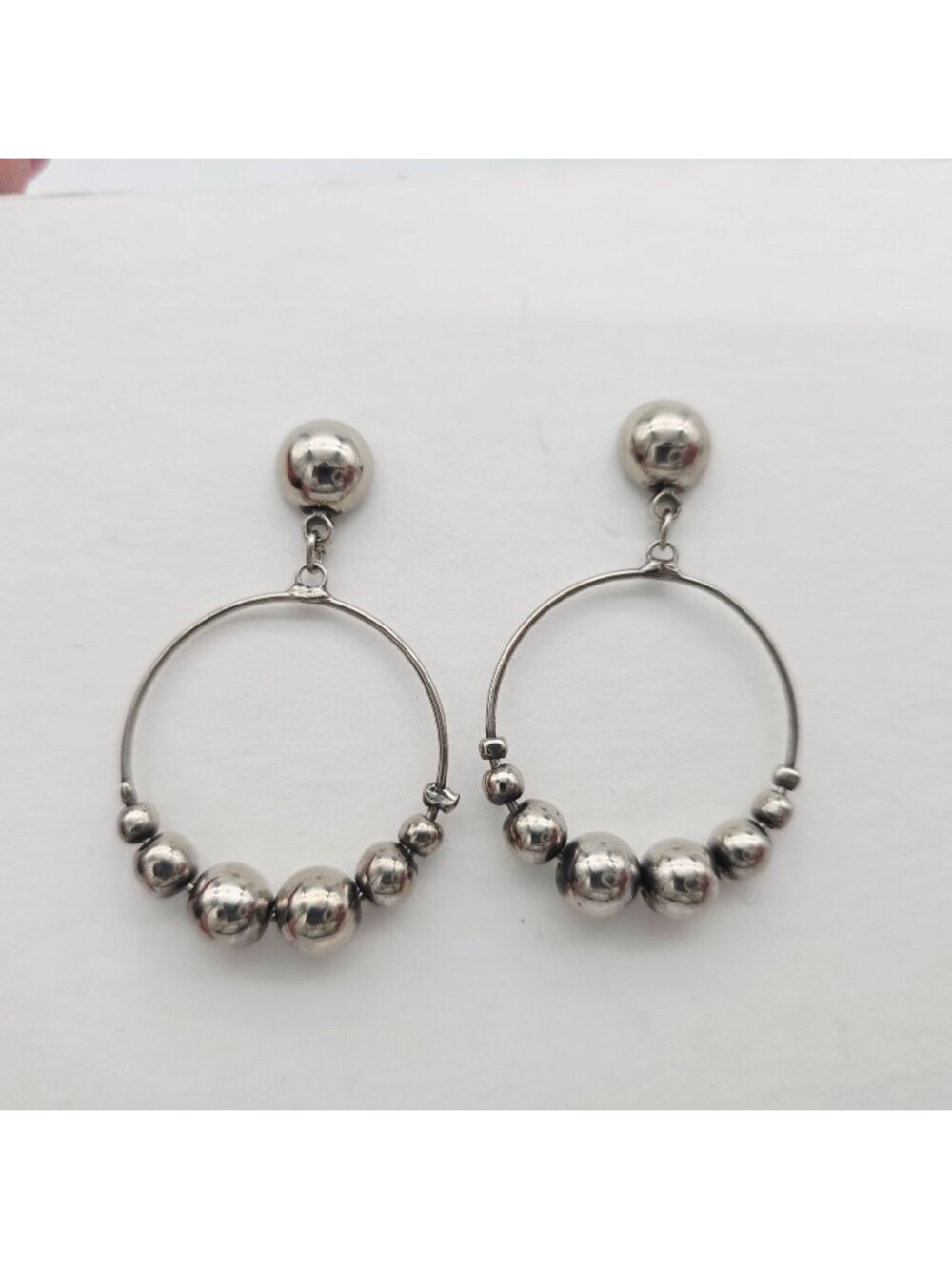 Silver Beaded Hoop Dangle Earrings With Push-Back Closure For Women